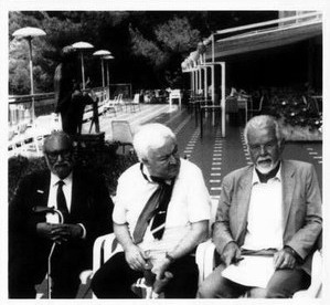 Prof. Salam, Prof. Lundqvist and Prof. Budinich at the Adriatico Guest House terrace